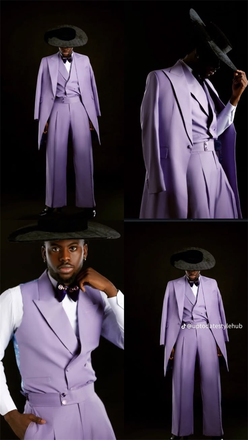 Men Formal Wear Purple - Фиолетовый мужской костюм-тройка: удлиненный пиджак, жилет,