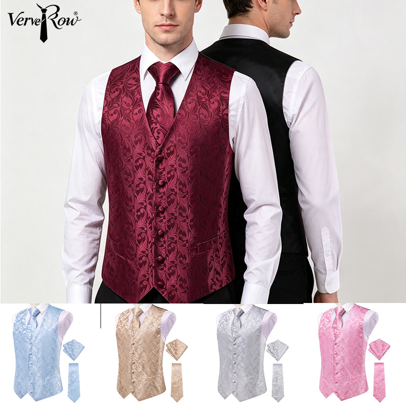 Men'S Formal Wear Waistcoat - Мужской бордовый жаккардовый жилет с цветочным