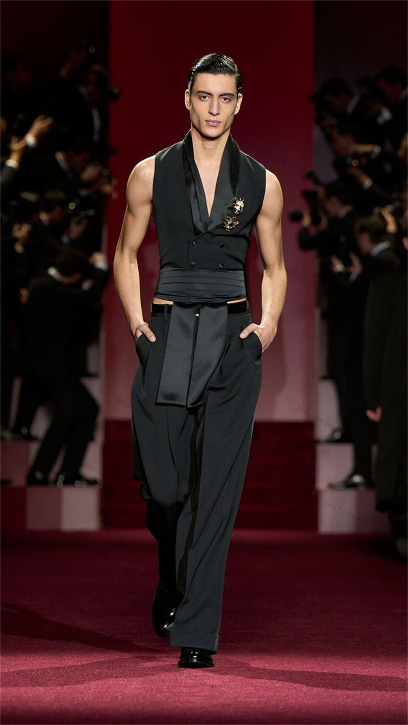 Men'S Formal Wear Waistcoat - Черные мужские костюмы, жилет + брюки,