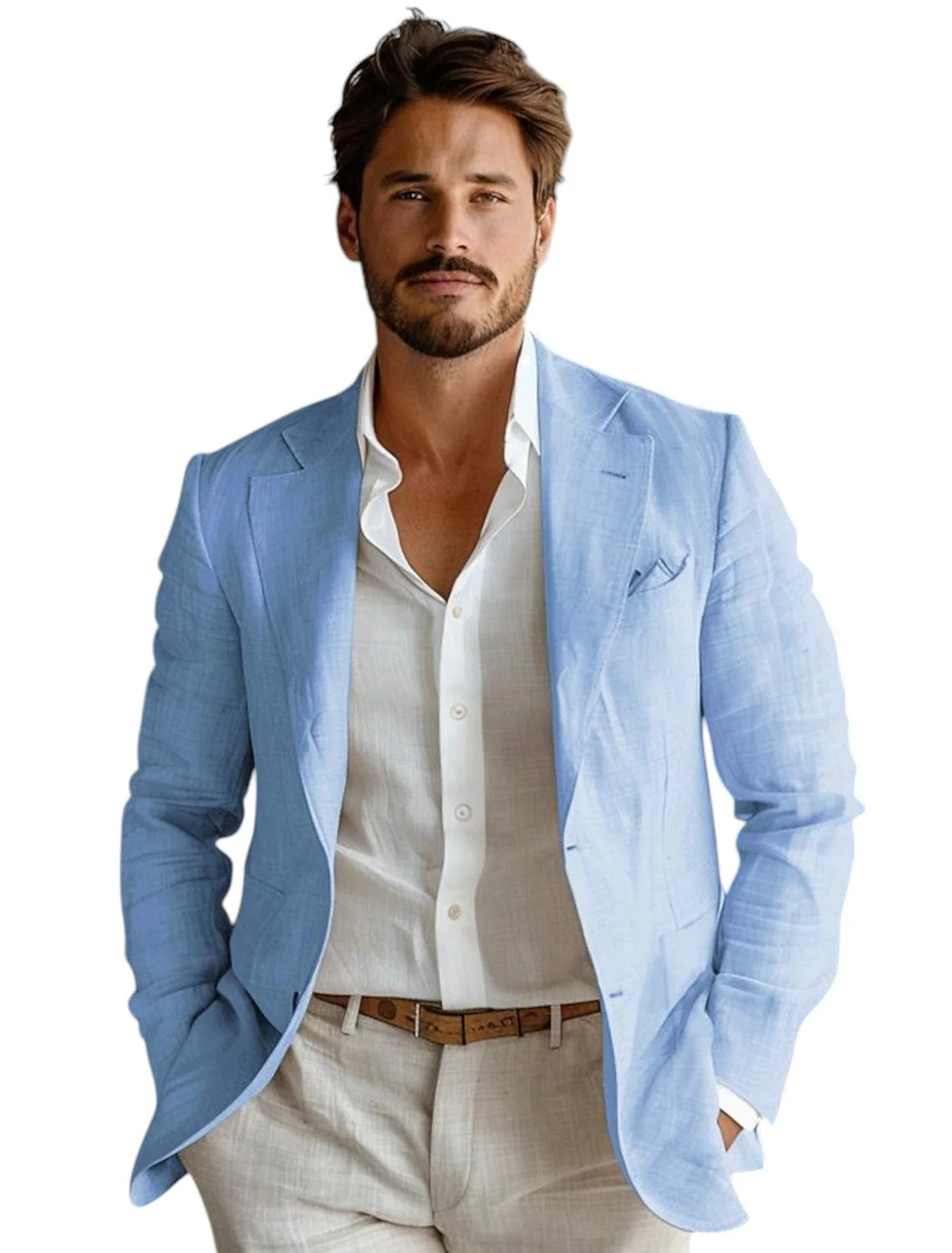 Men Formal Wear With Coat - Синий приталенный мужской льняной пиджак для